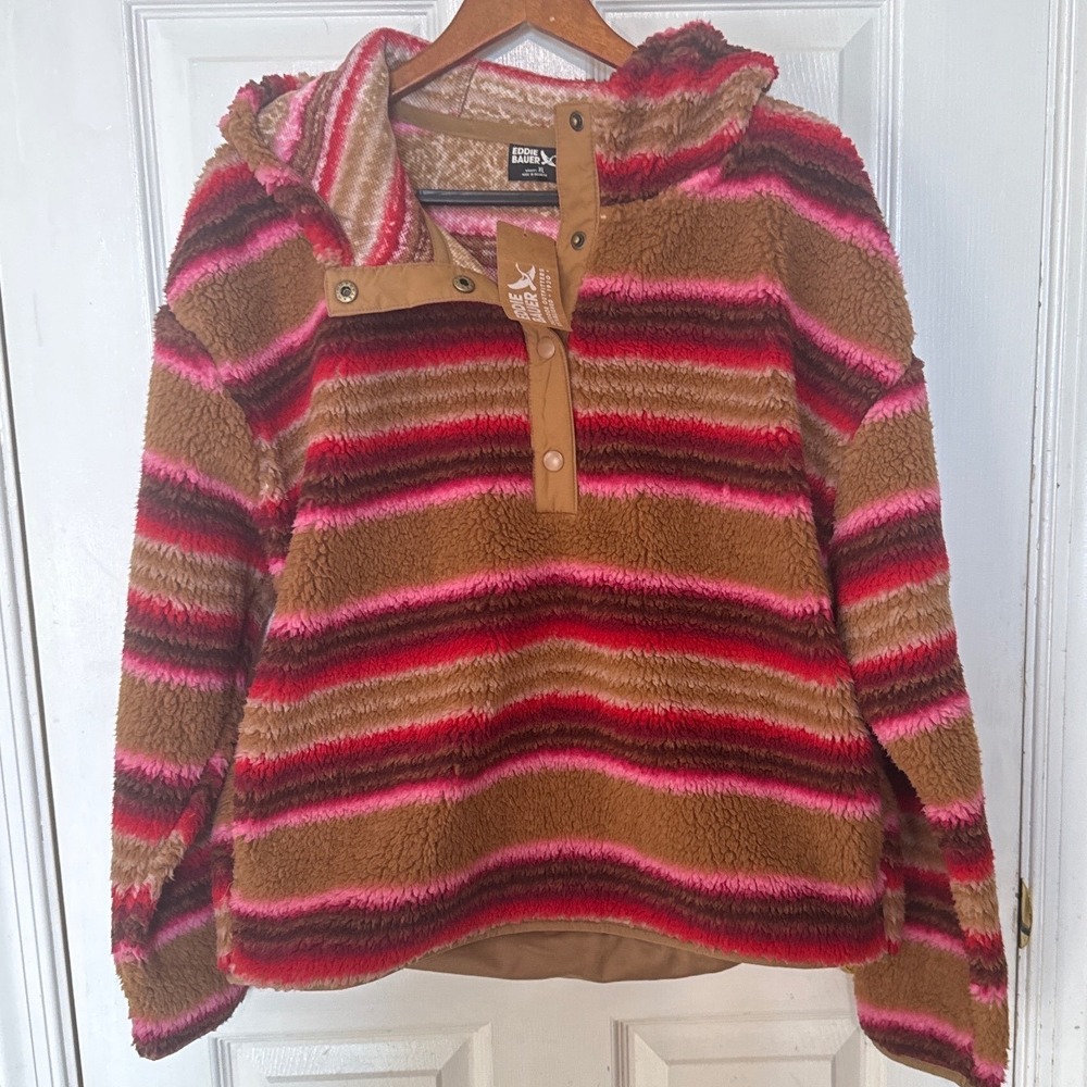 Eddie Bauer‎ Chill Out Fleece Hoodie Berry Striped Sherpa Snap Pullover XL NEW